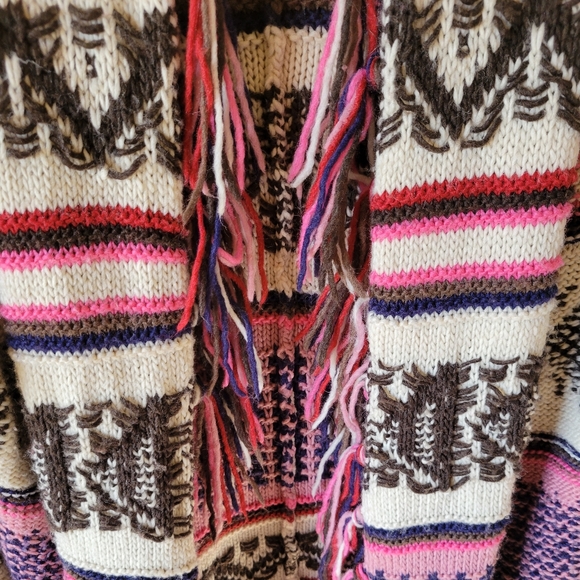 Wool Blend Boho Fringe Striped Cardigan Sweater, M - Picture 9 of 12